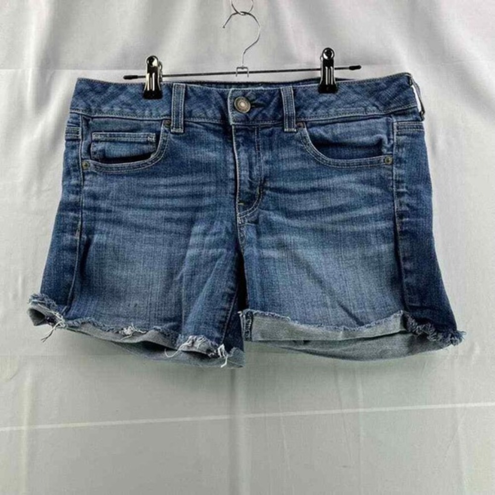 American Eagle Outfitters Womens Shorts Size 8 Blue Cuffed Cut Off Stretch Denim